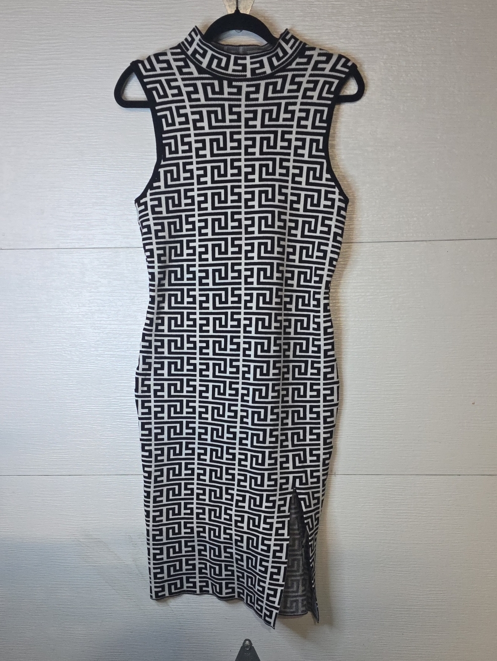 Say What? Black & White Geometric Mock Neck Midi Dress